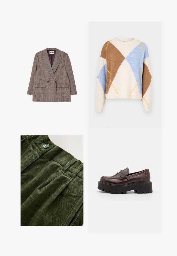 Dobbeltradet ternet blazer i brun og creme, med skarpe revers, to frontlommer og en glat indvendig foring.; Noisy May NMARMIE ARGYLE - Striktrøje - cloud dancer/multi coloured; Grønne corduroy bukser med et struktureret mønster, knaplukning og plisseringer foran for ekstra detaljer og design.; Madden Girl CALISTA - Loafers - brown