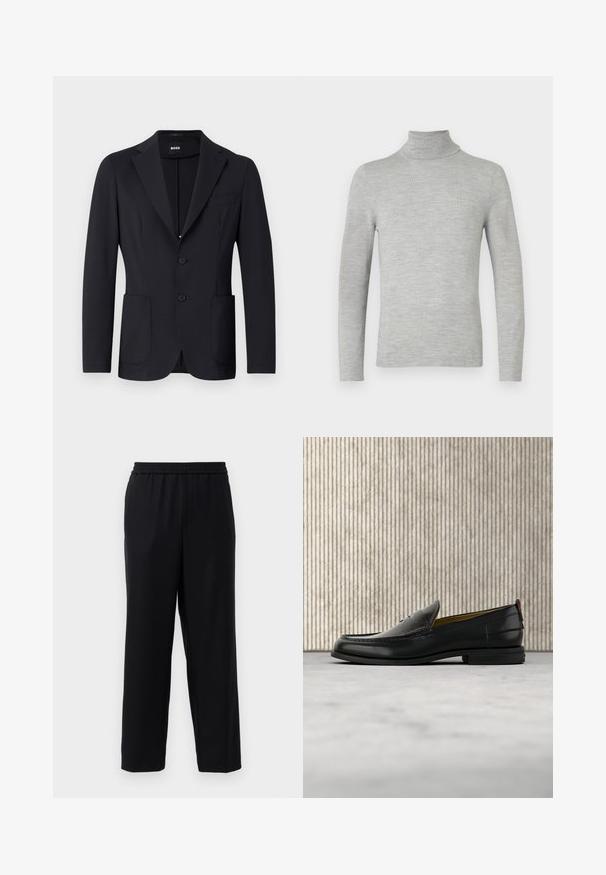 Zwarte blazer van een gestructureerde stof, enkelvoudig knoopsgat, met notch-revers, twee voorzakken en twee knopen. Merkenlabel zichtbaar aan de binnenkant.; Lichtgrijze lange mouwen turtleneck trui met fijne breistekstuur, weergegeven op een effen witte achtergrond.; Zwarte broek met een elastische tailleband, recht gesneden ontwerp en een gladde, lichte stof. Geen zichtbare zakken of patronen.; Zwarte leren herenslipper met een krokodillen-embossed voorblad en een lage hak, zij-aanzicht op een neutrale achtergrond.