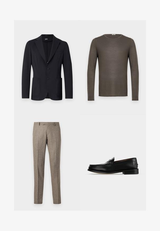 Schwarzer Blazer aus strukturiertem Stoff, einreihig, mit Revers, zwei vorderen Taschen und zwei Knöpfen. Markenlabel innen sichtbar.; Langarmhemd in Dunkelbraun, aus leichtem Stoff gefertigt. Verfügt über einen runden Ausschnitt und eine glatte Textur, ohne sichtbare Muster oder Hardware.; Braune Wollmischungs-Hosen mit gerade geschnittenem Design, das eine feine Textur und Bügelfalten aufweist, abgerundet mit einem klassischen Taillenbund.; Schwarzer Leder-Herrenschuh (Loafer) mit niedrigem Absatz und Mokassin-artiger Naht am Zehenbereich, seitlich auf einfarbigem Hintergrund dargestellt.