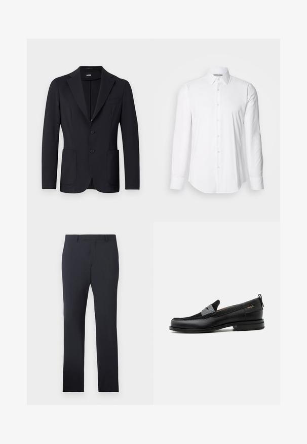 Sort blazer med struktureret stof, én række knapper, hakket krave, to frontlommer og to knapper. Mærket synligt indeni.; Hvid langærmet skjorte lavet af glat stof, med klassisk krave og knap-front design samt en buet kant. Knapperne er diskret blanke.; Marine formelle bukser lavet af glat stof. Har en flad front, bæltesløjfer og sidelommer, med en skræddersyet lige pasform.; Sort læderloafer med grå remdetalje, lav hæl og tekstureret sål, mærket med "HUGO" i guld på siden.