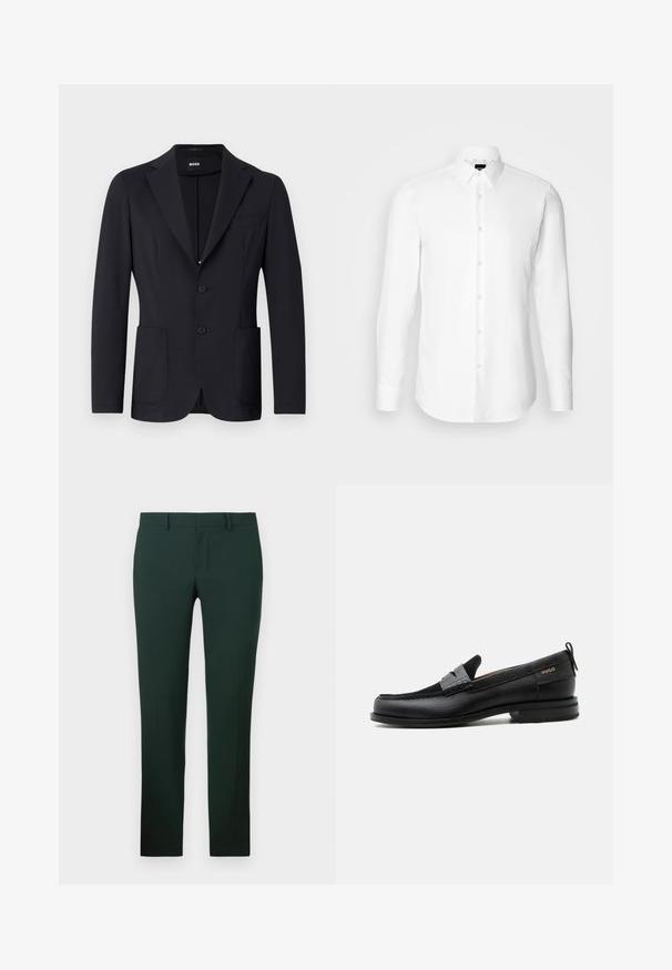 Blazer negro con una tela texturizada, de un solo botón, con solapas de muesca, dos bolsillos frontales y dos botones. Etiqueta de la marca visible en el interior.; Camisa blanca de manga larga, con cierre de botones en el frente, cuello clásico, confeccionada con una tela suave con una textura sutil, diseñada para un ajuste entallado.; Pantalones de color verde oscuro con un diseño de pierna recta, hechos de una tela suave. Presentan un frente plano y una cinturilla estándar con trabillas para cinturón.; Mocasín de cuero negro con detalle de tira gris, tacón bajo y suela texturizada, con la marca "HUGO" en oro en el lateral.