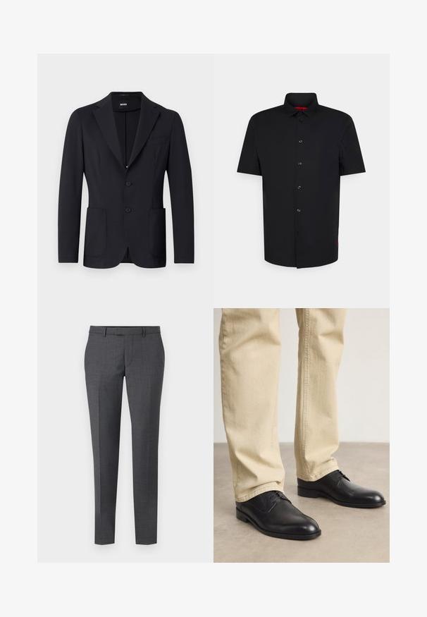 Blazer negro con una tela texturizada, de un solo botón, con solapas de muesca, dos bolsillos frontales y dos botones. Etiqueta de la marca visible en el interior.; Camisa de manga corta negra con botones, hecha de una tela suave, que presenta un cuello clásico y un discreto detalle en rojo en el dobladillo.; Pantalones gris ajustados con una textura suave, corte recto, frente plano y passantes para cinturón. Cuenta con un sutil patrón de cuadros y una línea de planchado en el frente.; Zapatos de cuero negro con cordones, puntera redondeada, acabado suave y sutiles detalles de costura, combinados con pantalones de color beige claro.