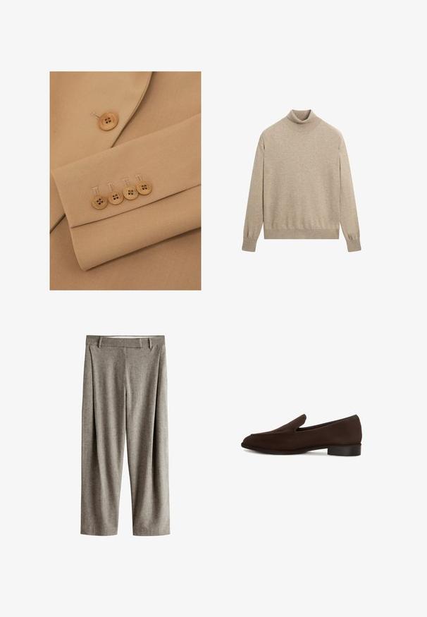 Detalje af beige stofblazer med et hakket revers og fire lysebrune knapper på ærmet, med ren syning og en glat tekstur.; Beige langærmet strikket rullekravebluse med ribstrikkede manchetter og kant, vist på en hvid baggrund.; Grå straight-leg bukser i uldblanding med bæltestropper og forreste folder, vist mod en hvid baggrund.; Herres mørkebrune ruskind slip-on loafer med lav hæl og afrundet firkantet tå, vist i sideprofil på hvid baggrund.