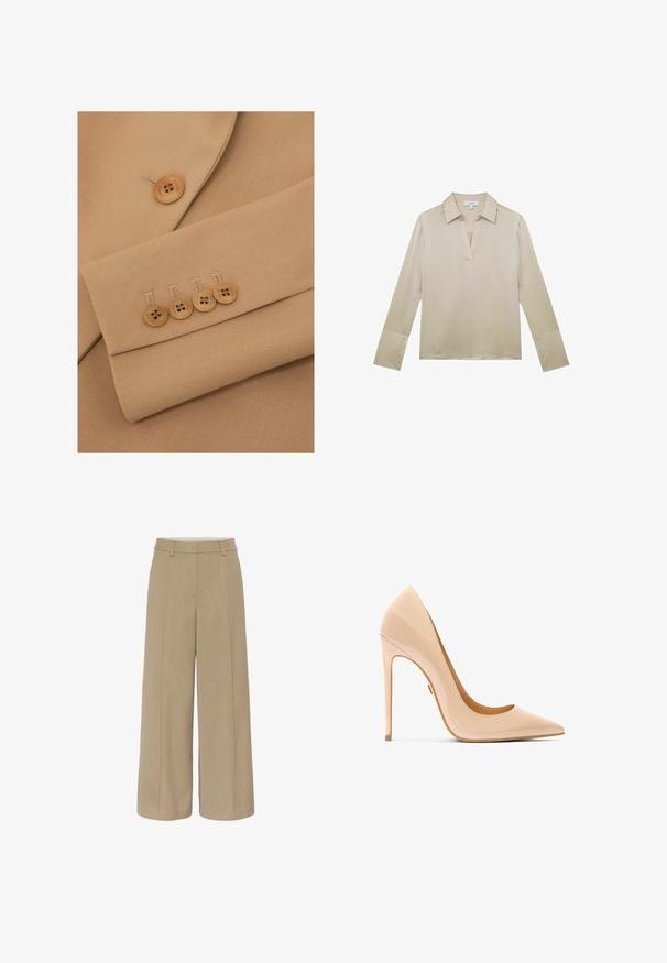 Detalle de blazer de tela beige que presenta una solapa con muesca y cuatro botones marrón claro en el puño, con costuras limpias y una textura suave.; Blusa beige de manga larga con cuello en V y puños abotonados, mostrada sobre un fondo blanco.; Pantalones de pierna ancha beige con una cintura alta, que presentan pliegues frontales, trabillas para cinturón y costuras ajustadas para un ajuste estructurado.; Zapato de salón de charol color nude con punta en punta, silueta elegante y tacón de aguja, con una textura suave y brillante.