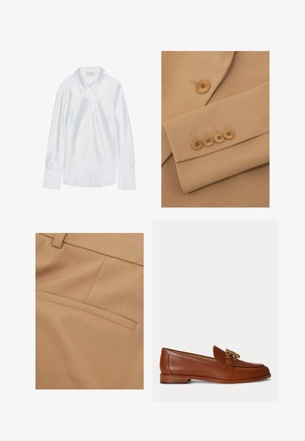 Détail d'un blazer en tissu beige avec un revers cranté et quatre boutons marron clair sur le poignet, présentant des coutures nettes et une texture lisse.; Chemise blanche à manches longues avec un col classique, dotée d'une fermeture à boutons sur le devant et d'une texture lisse, fabriquée en tissu léger avec un éclat subtil.; Gros plan sur un tissu beige présentant une surface texturée, avec une seule poche arrière et des détails de couture soignés.; Mocassin en cuir marron avec talon bas empilé et détail de boucle en métal doré sur le dessus, présenté en profil latéral sur un fond uni.