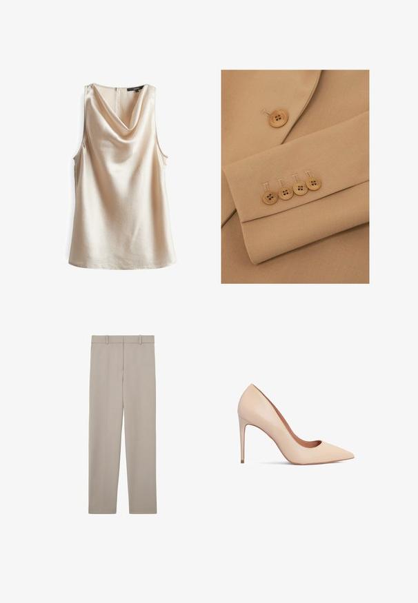 Beige Stoffblazer-Detail mit einem Reverskragen und vier hellbraunen Knöpfen an der Manschette, mit sauberer Nahtführung und glatter Textur.; Ärmelloses Top mit Cowl-Neck aus hellbeigem, strukturiertem Stoff mit subtiler Glanz. Verfügt über einen Reißverschluss im Rücken und einen lockeren Schnitt.; Beige gerade geschnittene Hose mit Gürtelschlaufen und einem sauberen, minimalistischen Design, flach auf weißem Hintergrund präsentiert.; Beige Leder-Pumps mit hohen Absätzen, spitz zulaufender Zehenpartie und glatter Textur. Mit einem schlanken Stiletto-Absatz und einem tief ausgeschnittenen Obermaterial.