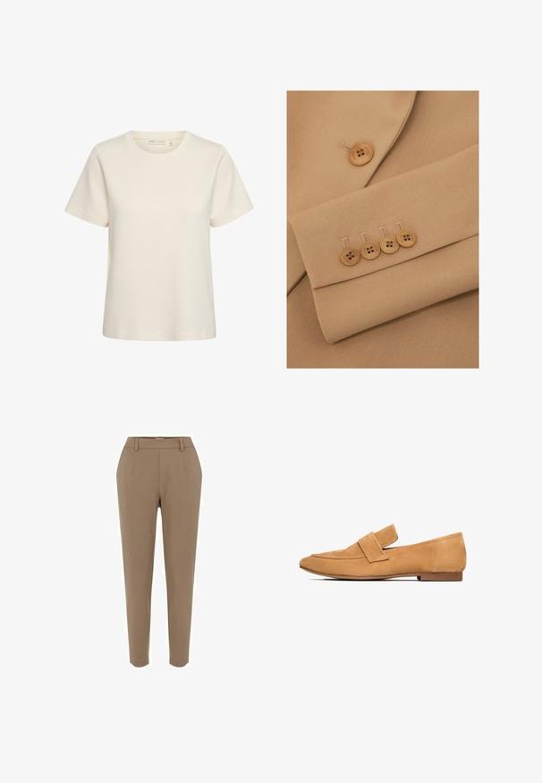 Detalje af beige stofblazer med et hakket revers og fire lysebrune knapper på ærmet, med ren syning og en glat tekstur.; Kremfarvet T-shirt med korte ærmer, rund halsudskæring og et enkelt, ensfarvet design mod en hvid baggrund.; Brune skræddersyede bukser med lige ben, glat tekstur, forlommer og en talje med bæltestropper.; Lette mokkasiner i tan farve med flad hæl, rund tå og en syet strop over vristen for et raffineret udtryk.