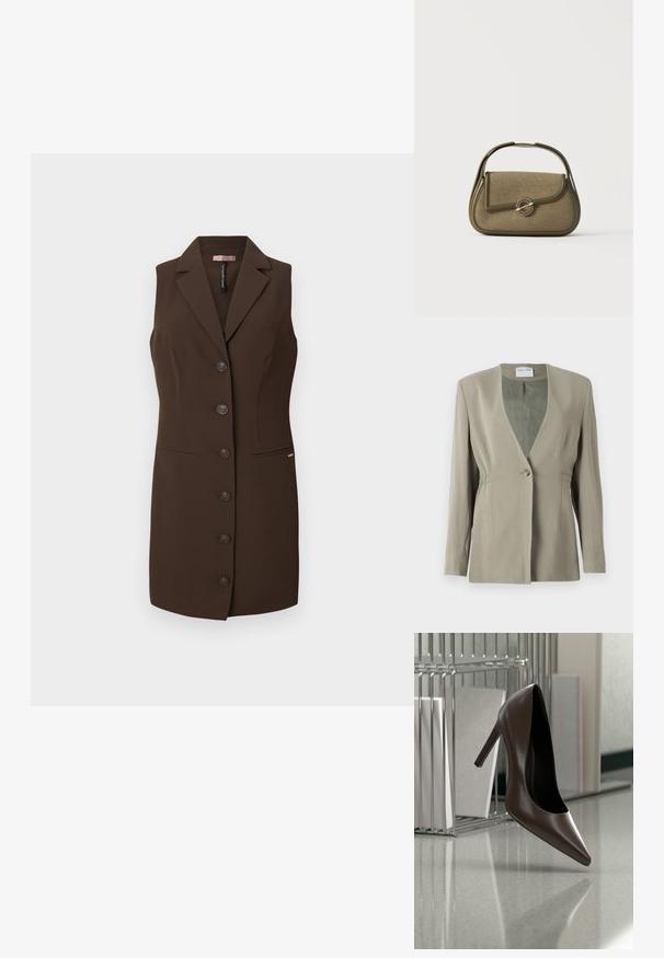 Olijfgroen blazer met een V-hals, enkele knoopsluiting, getailleerde pasvorm en lange mouwen. Zachte textuur met subtiele plooidetails aan de zijkant.; Bruine mouwloze vest met een getailleerd ontwerp, uitgesneden revers en zes knoopsluitingen. Bevat twee voorzakken en heeft een zachte textuur.; Donkerbruine leren schoen met hoge hak zwevend boven een reflecterende vloer naast een metalen rek met witte panelen in een kamer.; Kleine olijfgroene handtas met afgeronde hoeken, een bovenhandvat en een klep met een sluiting die vastzit met een ronde metalen sluiting.