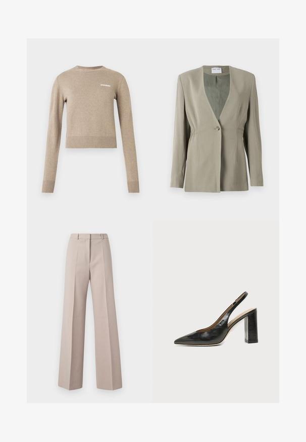 Oliven grøn blazer med v-udskæring, enkelt knaplukning, skræddersyet pasform og lange ærmer. Glat tekstur med subtile detaljer i sidefolder.; Beige strikket sweater med lange ærmer, rund halsudskæring, ribbede manchetter og kant, med lille hvid tekstlogo på forsiden.; Beige vide bukser lavet af et glat stof, med høj talje, forkantede folder og en skræddersyet silhuet.; Sort læder peep-toe slingback sko med høj blokhæl og beige indvendig foring mod en ensfarvet lys baggrund.