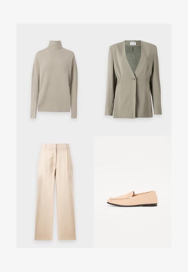 Oliven grøn blazer med v-udskæring, enkelt knaplukning, skræddersyet pasform og lange ærmer. Glat tekstur med subtile detaljer i sidefolder.; Lys beige turtleneck sweater, lavet af blødt strikmateriale, har en afslappet pasform med lange ærmer og høj krave. Ingen synlige mønstre.; Beige bukser lavet af glat stof. Har en lige pasform, flad front og to plisses. Ingen synlige mønstre eller metaldele.; Beige læder loafers med syet detaljer, en flad sort sål og en rund tå. Minimalistisk design uden fremtrædende hardware eller accenter.