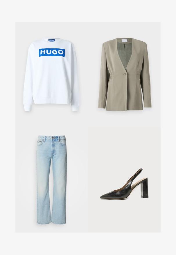 Olijfgroen blazer met een V-hals, enkele knoopsluiting, getailleerde pasvorm en lange mouwen. Zachte textuur met subtiele plooidetails aan de zijkant.; Witte sweatshirt van een katoenmix met een blauw "HUGO" logo aan de voorkant, ronde halslijn en ribgebreide manchetten en onderkant.; Lichtblauwe wijde jeans van denim, voorzien van een klassiek vijf-pocket ontwerp en een subtiele vervaagde textuur. Denimstiksels zijn zichtbaar.; Zwarte leren slingback schoen met spits toelopend neusje, hoge blokhak en beige binnenvoering tegen een effen lichte achtergrond.