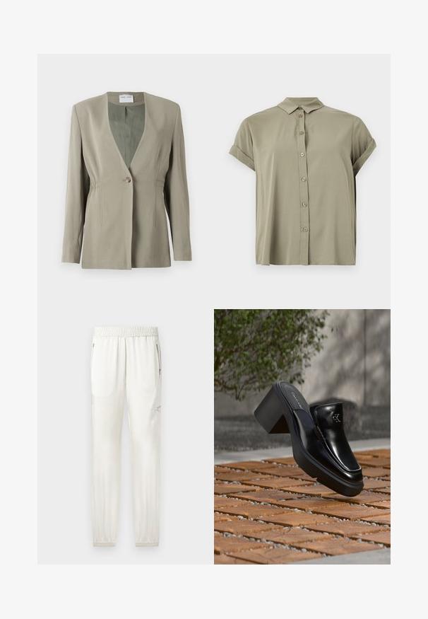 Blazer vert olive avec décolleté en V, fermeture à un bouton, coupe ajustée et manches longues. Texture lisse avec des détails de fronces discrètes sur les côtés.; Chemise à manches courtes, verte olive, avec boutons, fabriquée en tissu léger, dotée d'un col classique et de poignets retroussés.; Joggers crème clair avec taille élastique, finitions fuselées, poches latérales et accents zippés. Tissu lisse avec une finition légèrement brillante.; Mule slip-on en cuir noir Calvin Klein avec talon bloc reposant sur des carreaux en bois à l'extérieur près d'une plante verte et d'un mur gris.