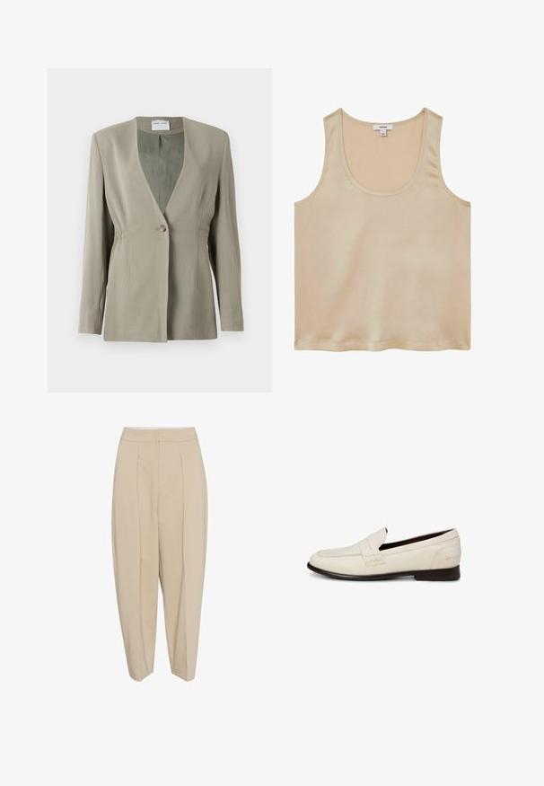 Olivgrüner Blazer mit V-Ausschnitt, einfacher Knopfverschluss, taillierter Passform und langen Ärmeln. Glatte Textur mit dezenten Seitenschräge-Details.; Reiss REGULAR FIT - Bluse - neutral; Beige maßgeschneiderte Hose mit hoher Taille, gefaltetem Vorderteil und schmal zulaufendem Bein. Der Stoff wirkt glatt mit einem dezenten Glanz. Keine sichtbaren Taschen.; Weißer Slipper aus Leder mit dunkler Sohle, Nahtdetails und einem Riemen über der Oberseite auf einfachem Hintergrund.