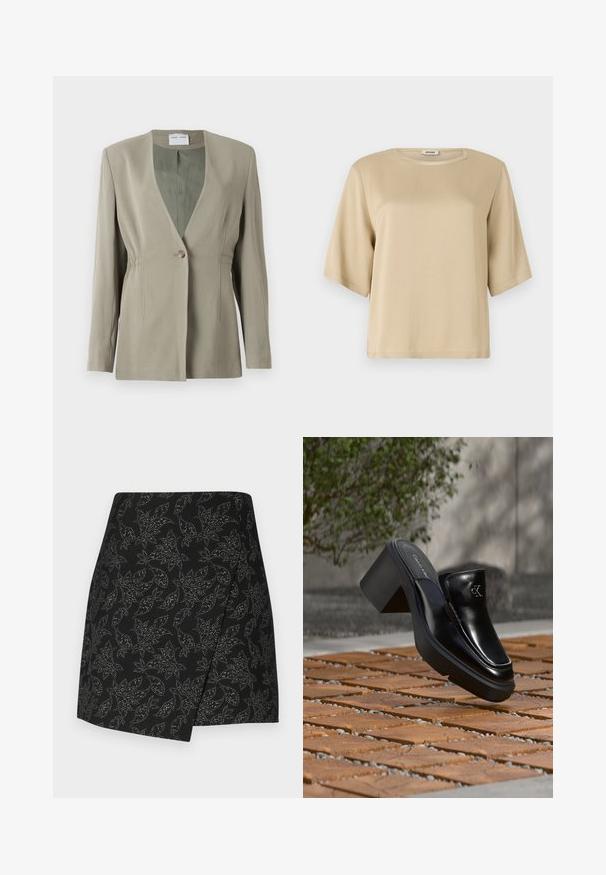 Oliven grøn blazer med v-udskæring, enkelt knaplukning, skræddersyet pasform og lange ærmer. Glat tekstur med subtile detaljer i sidefolder.; Beige bomulds t-shirt med rund halsudskæring, korte ærmer og en afslappet pasform. Glat tekstur uden synlige mønstre eller udsmykninger.; Sort nederdel med et omslagdesign, der har et bladmønster i sølvtoner. Glat tekstur med en asymmetrisk kant, der går til midten af låret.; Sort læder Calvin Klein slip-on mule med blokhæl, der hviler på trætøj udendørs nær en grøn plante og en grå væg.