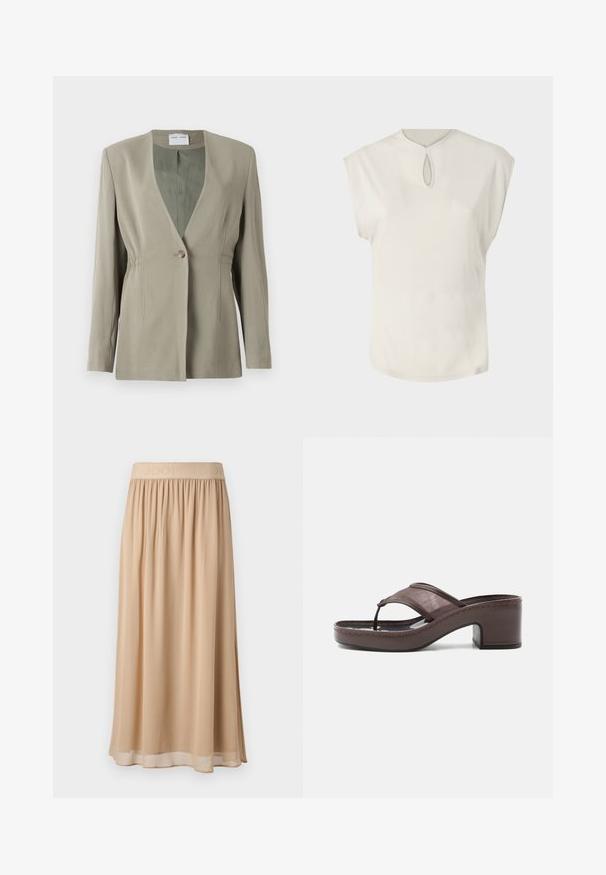 Olijfgroen blazer met een V-hals, enkele knoopsluiting, getailleerde pasvorm en lange mouwen. Zachte textuur met subtiele plooidetails aan de zijkant.; Witte top met korte mouwen, ronde halslijn en een kleine keyhole-detail aan de voorkant. Gladde structuur, relaxte pasvorm en licht gebogen zoom.; Beige midi-rok met een brede elastische tailleband waarop de merknaam staat. Zacht, vloeiend materiaal met een gladde textuur en een eenvoudig ontwerp.; Bruine sandaal met hak, voorzien van een mesh bandje en teenslipperontwerp, met blokhak en gestikte zool, zijaanzicht op witte achtergrond.