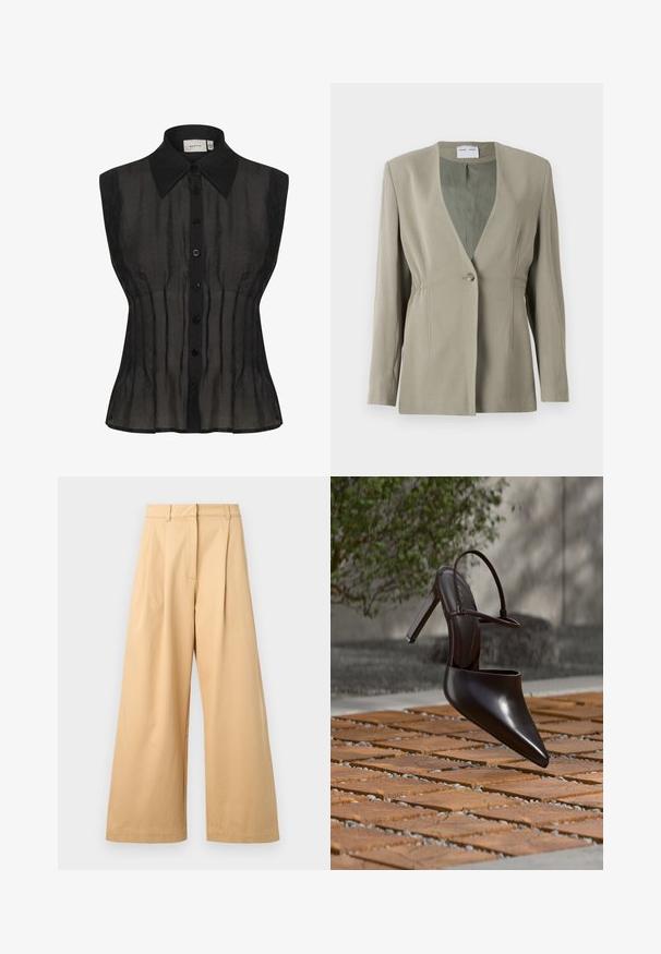 Oliven grøn blazer med v-udskæring, enkelt knaplukning, skræddersyet pasform og lange ærmer. Glat tekstur med subtile detaljer i sidefolder.; Sort ærmeløs bluse med klassisk krave, der har et gennemsigtigt stof, lodrette plisseringer og en frontlukning med sorte knapper.; Beige brede bukser lavet af blød bomuld, med flad front, læg og synlige sidelommer.; Blank højhælet mule med spids tå og ankelrem, svævende over en terracottaflisebelagt overflade med grusfyldte mellemrum.