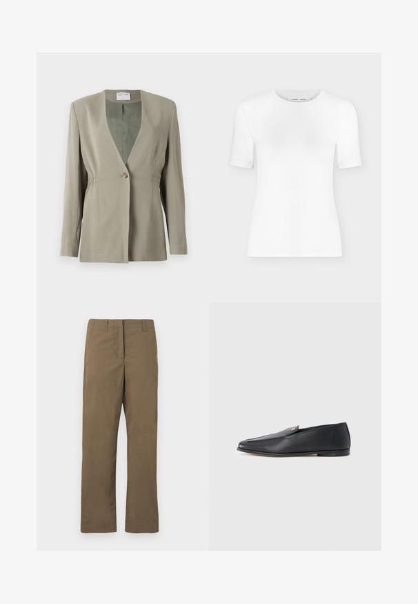 Blazer vert olive avec décolleté en V, fermeture à un bouton, coupe ajustée et manches longues. Texture lisse avec des détails de fronces discrètes sur les côtés.; T-shirt blanc à manches courtes avec col rond, coupe slim et texture de tissu côtelé, présenté sur un fond uni gris clair.; Pantalons droits marron en tissu mélangé de coton. Comprend des passants de ceinture, une poche avant et une texture lisse sans motifs.; Mocassins en cuir noir à texture lisse, bout arrondi et détails de couture subtils. Ils présentent un accent logo doré sur le côté supérieur.
