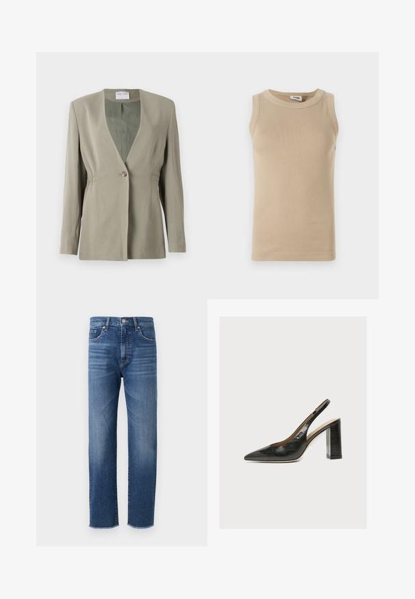 Olijfgroen blazer met een V-hals, enkele knoopsluiting, getailleerde pasvorm en lange mouwen. Zachte textuur met subtiele plooidetails aan de zijkant.; Beige mouwloze top van ribbelstof met een ronde hals, voorzien van tonale stiksels en een aansluitend ontwerp.; Blauwe denim jeans met een recht gesneden ontwerp, voorzien van een vervaagde afwerking, vijf zakken en een rafelige zoom.; Zwarte leren damesslingback met spitse neus en dikke hoge blokhak tegen witte achtergrond.