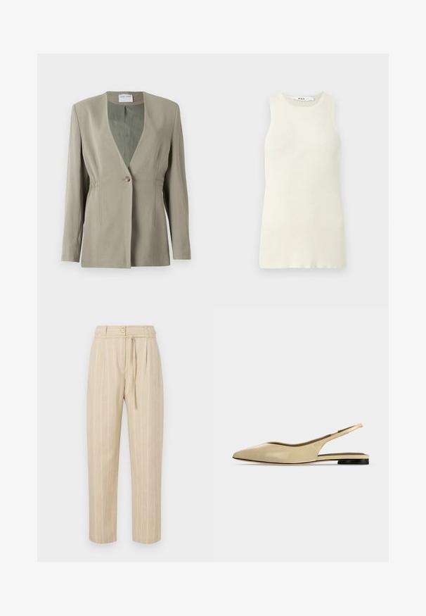 Blazer vert olive avec décolleté en V, fermeture à un bouton, coupe ajustée et manches longues. Texture lisse avec des détails de fronces discrètes sur les côtés.; Débardeur sans manches couleur crème en tissu côtelé, avec un col rond et une coupe près du corps. Aucun motif ni accent visible.; Pantalon beige à rayures avec une coupe décontractée, présentant une taille cintrée, une fermeture à bouton et une ceinture à nouer, fabriqué à partir d'un tissu léger.; Chaussure plate beige à bout pointu avec bride arrière, petit talon noir et finition en cuir lisse, vue de côté sur un fond uni.