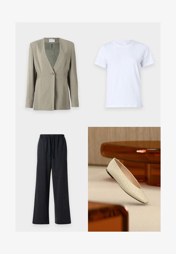 Oliven grøn blazer med v-udskæring, enkelt knaplukning, skræddersyet pasform og lange ærmer. Glat tekstur med subtile detaljer i sidefolder.; Hvid bomulds T-shirt, korte ærmer, klassisk crew neck design, ensartet tekstur uden mønstre eller accenter, standard pasform, enkel og alsidig.; Sorte, vide benbukser lavet af blødt stof med elastisk talje og snøre. Har en glat overflade og ingen synlige mønstre.; Beige flad sko med geometriske perforeringer svævende over et lyst tæppe i et rum med ravfarvet møbler.