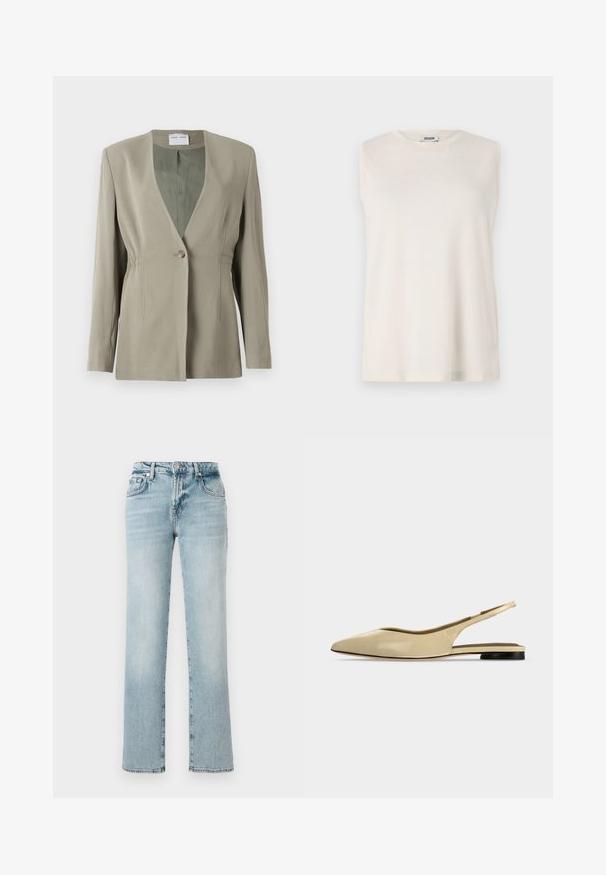 Oliven grøn blazer med v-udskæring, enkelt knaplukning, skræddersyet pasform og lange ærmer. Glat tekstur med subtile detaljer i sidefolder.; Ærmeløs top i lys beige stof med rund halsudskæring og en afslappet pasform. Glat tekstur uden dekorationer eller mønstre.; Lyseblå denimjeans med lige ben, der har fem lommer, en knap- og lynlåslukning samt subtilt slid for et brugt look.; Beige spids tå slingback flad sko med lav sort hæl og en glat læderfinish, vist fra siden på en ensfarvet baggrund.