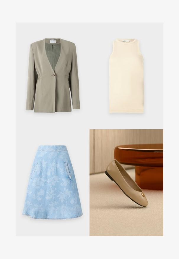 Olijfgroen blazer met een V-hals, enkele knoopsluiting, getailleerde pasvorm en lange mouwen. Zachte textuur met subtiele plooidetails aan de zijkant.; Lichtbeige mouwloze top van ribstof, met een ronde halslijn en een fitted ontwerp. Glad oppervlak met minimale naden.; Lichtblauwe A-lijn rok van denim met een subtiel bloemenpatroon, voorzien van twee zijzakken en een gladde, omgezoomde afwerking.; Beige leren ballerina met zwarte zool en gouden embleem op de teen, geplaatst op een crèmekleurig tapijt naast afgerond amberkleurig meubilair.