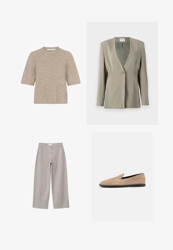 Olijfgroen blazer met een V-hals, enkele knoopsluiting, getailleerde pasvorm en lange mouwen. Zachte textuur met subtiele plooidetails aan de zijkant.; Beige korte mouwen trui gemaakt van zachte brei-stof, met een ronde halslijn en een relaxte pasvorm. De textuur is licht verweven.; Lichtgrijze broek met wijde pijpen, voorzakken, riemlussen en een knoopsluiting aan de taille.; Beige suède instapper loafer met zwarte zool, lage hak en afgeronde neus, zijaanzicht op witte achtergrond.