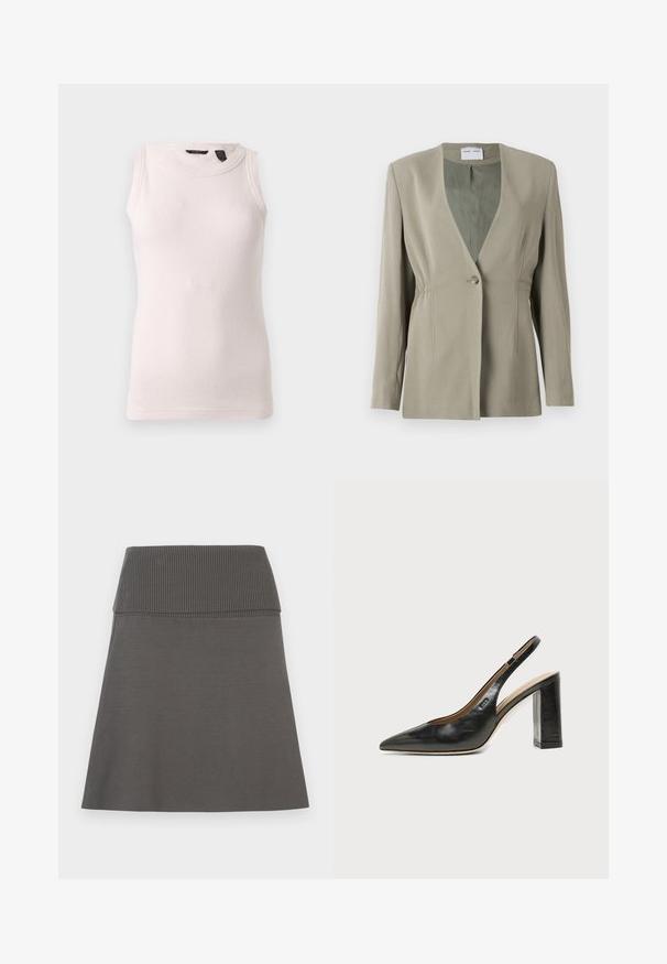 Blazer vert olive avec décolleté en V, fermeture à un bouton, coupe ajustée et manches longues. Texture lisse avec des détails de fronces discrètes sur les côtés.; Débardeur blanc en maille côtelée sans manches avec encolure ronde et coupe ajustée, présenté sur un fond uni gris clair.; Jupe gris foncé avec une large ceinture élastique côtelée et une légère forme évasée sur fond blanc.; Chaussure slingback en cuir noir à bout pointu avec un talon bloc haut et une doublure intérieure beige sur un fond clair uni.
