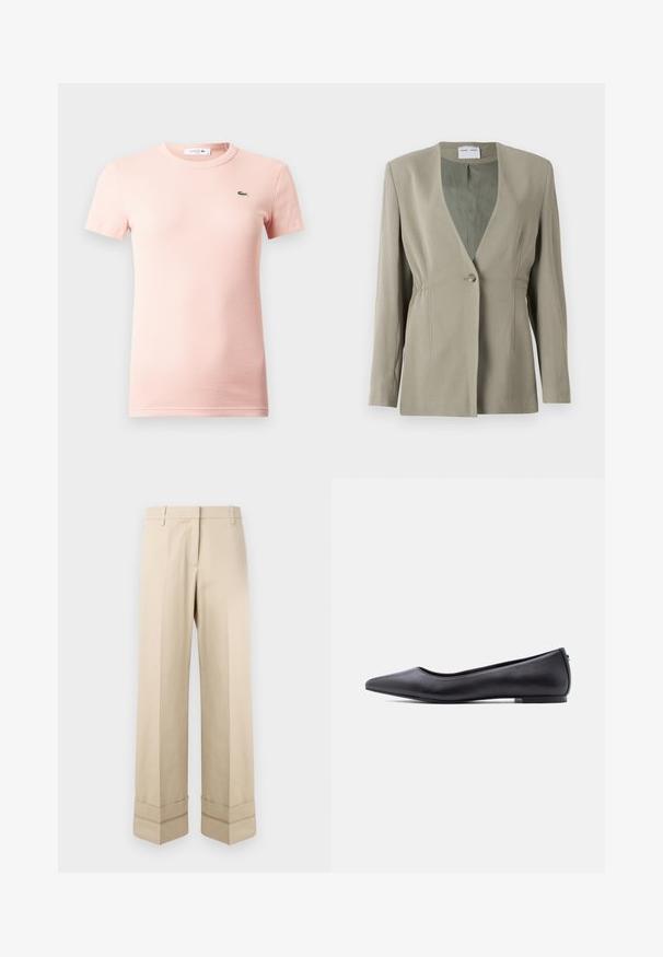 Blazer vert olive avec décolleté en V, fermeture à un bouton, coupe ajustée et manches longues. Texture lisse avec des détails de fronces discrètes sur les côtés.; T-shirt à manches courtes côtelé rose clair avec un col rond et un petit logo crocodile vert Lacoste sur le côté gauche de la poitrine.; Pantalons beige avec une coupe droite, dotés d'un double revers au bas et d'un design à plat à l'avant. Fabriqués en tissu lisse et durable.; Chaussure plate en cuir noire à bout pointu avec petit talon, vue de profil sur fond blanc.