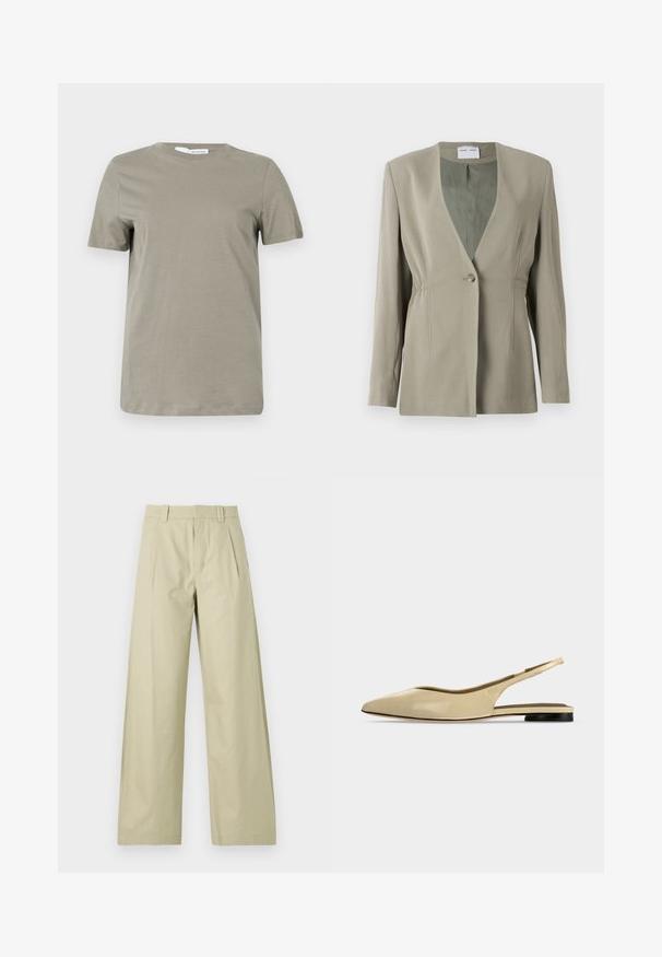 Oliven grøn blazer med v-udskæring, enkelt knaplukning, skræddersyet pasform og lange ærmer. Glat tekstur med subtile detaljer i sidefolder.; Khaki kortærmet t-shirt lavet af blødt stof. Rund halsudskæring; lige kant. Minimalistisk design uden synlige mønstre eller detaljer.; Bredde benbukser i lys beige bomuld, med flad front og plisseringer, bæltestropper og opsmøgede sømme. Glat tekstur og afslappet design.; Beige spids tå slingback flad sko med lav sort hæl og en glat læderfinish, vist fra siden på en ensfarvet baggrund.
