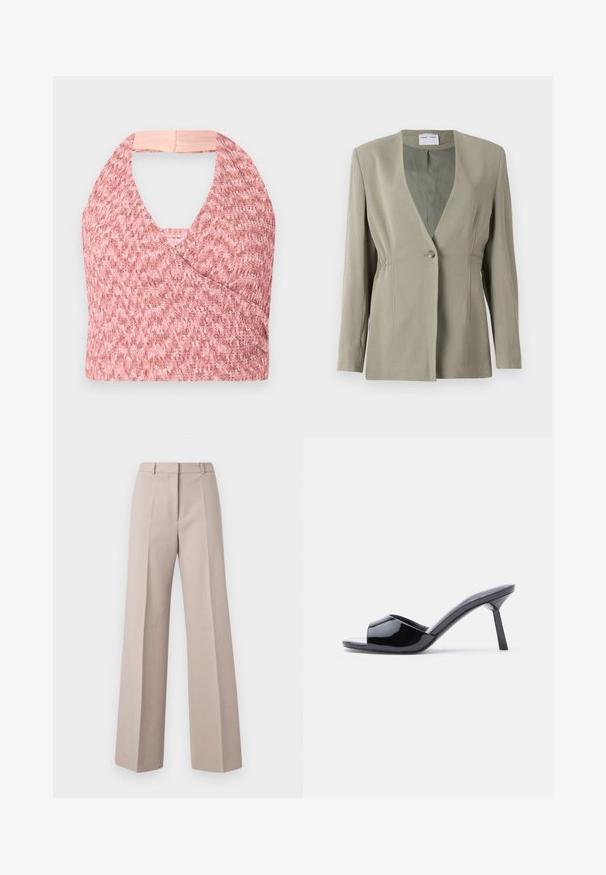Oliven grøn blazer med v-udskæring, enkelt knaplukning, skræddersyet pasform og lange ærmer. Glat tekstur med subtile detaljer i sidefolder.; Lys pink halterneck top lavet af tekstureret strikket stof med et omslag design, der har en blød beige kant bagpå for en sikker pasform.; Beige vide bukser lavet af et glat stof, med høj talje, forkantede folder og en skræddersyet silhuet.; Sorte laklæder sandaletter med åben tå, der har et buet overdesign og en spids stilethæl. Glat, blank finish.