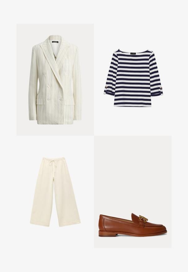 Blazer blanco de doble botonadura con finas rayas verticales azules, solapas entalladas, bolsillos frontales con solapa y seis botones blancos.; Camiseta de manga larga a rayas en azul marino y blanco, con escote barco y acentos de botones dorados en las mangas enrolladas. Tejido suave y corte relajado.; Pantalones amplios color crema con cinturilla elástica y cordón. Textura suave, hasta la rodilla, con un corte holgado y sin patrones visibles.; Mocasín de cuero marrón con tacón bajo apilado y detalle de hebilla metálica dorada en la parte superior, mostrado en perfil lateral sobre un fondo liso.