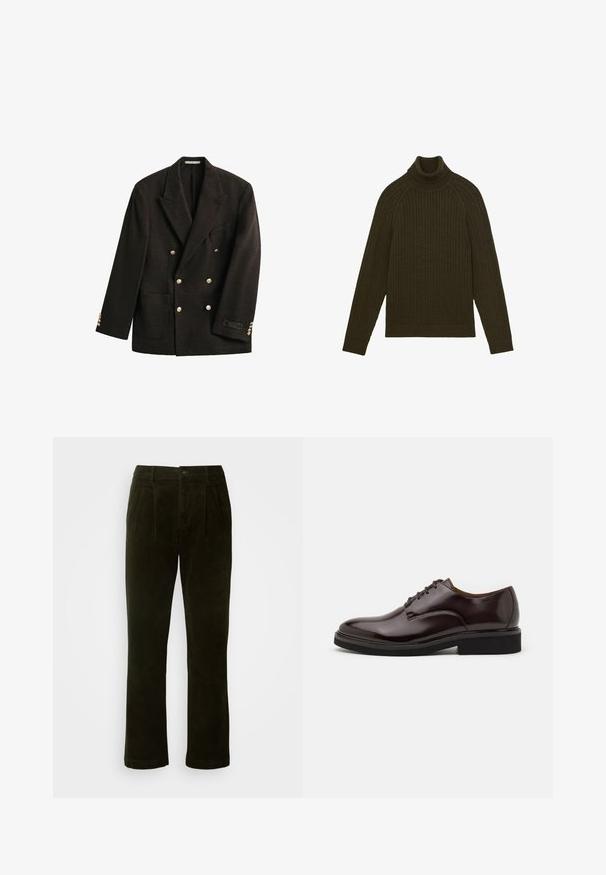 Donkerbruine, dubbelrijige blazer met brede revers, goudkleurige knopen, een opgestikte zak en een klein label op de linker mouwmanchet.; Donkergroen kabelgebreide turtleneck trui met lange mouwen en geribde manchetten en zoom, plat gelegd op een witte achtergrond.; Donkergroene corduroy broeken met een rechte pijp, voorzien van voorplooien, een knoopsluiting en een zachte textuur.; Bruine leren Oxford schoen met een glanzende afwerking, ronde neus, vetersluiting en een stevige zwarte rubberen zool. Naaddetails op de bovenkant.