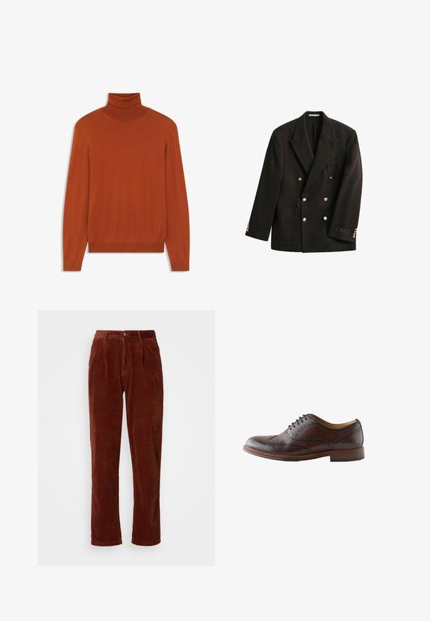 Dunkelbrauner, doppeltreihiger Blazer mit breitem Revers, goldenen Knöpfen, aufgesetzter Tasche und kleinem Label am linken Ärmelbündchen.; Rostfarbener Rollkragenpullover aus weichem Material. Figurbetontes Design mit langen Ärmeln und geripptem Kragen sowie Saum. Glatte Textur im gesamten Pulli.; Cordhosen in einer satten Brauntönung; mit einer gefalteten Vorderseite, geraden Beinen und einem Knopfverschluss am Bund.; Dunkelbrauner Leder-Wingtip-Brogue-Schuh mit Lochverzierungen und Schnürsenkeln, von der Außenseite auf weißem Hintergrund gezeigt.