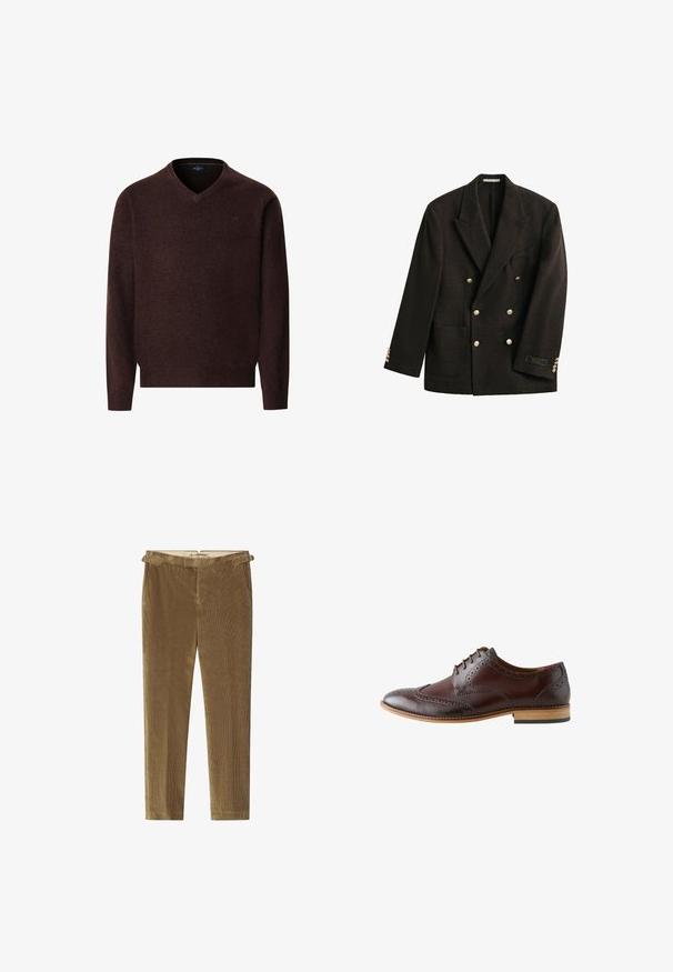 Donkerbruine, dubbelrijige blazer met brede revers, goudkleurige knopen, een opgestikte zak en een klein label op de linker mouwmanchet.; Bruin v-hals trui van zacht materiaal, met lange mouwen en geribde manchetten. Minimale details met een subtiel logo op de borst.; Bruine corduroybroek met een recht model, met een subtiele ribbelstructuur en riemlussen in de taille.; Donkerbruine leren brogues met wingtip-details, gesloten vetersluiting en een lichte houten zool, bekeken vanaf de buitenkant.