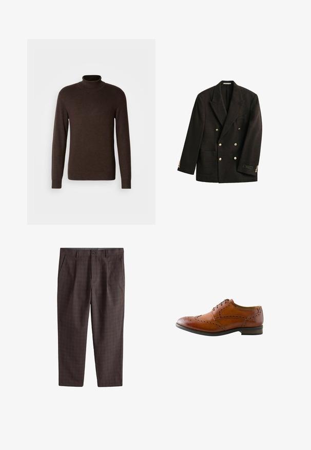 Donkerbruine, dubbelrijige blazer met brede revers, goudkleurige knopen, een opgestikte zak en een klein label op de linker mouwmanchet.; Bruine coltrui van zacht materiaal, met lange mouwen en een ribgebreide kraag. Glad oppervlak met een aansluitend ontwerp.; Bruine herenkleedbroek met een subtiel ruitpatroon, knoopsluiting, zijzakken en riemlussen, plat gelegd op een witte achtergrond.; Bruine leren herenschoen met brogue-details, vleugelperforatie en zwarte veters, getoond vanaf de buitenkant.