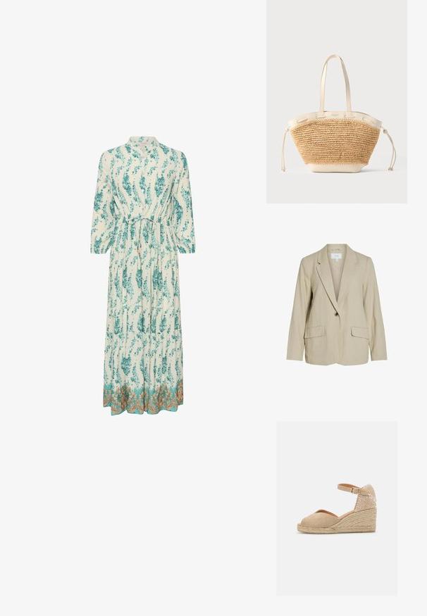 Lys beige blazer lavet af tekstureret stof. Har en enkelt knaplukning, spidse revers og to forlommer.; Lang, let kjole med blomsterprint i teal og hvid. Har en høj krave, lange ærmer og en dekorativ guldkant.; Castañer BIANCA - Espadrilles - sand; Beige flettet stråtote taske med cremefarvede læderhåndtag, kant og snore sider på en lysegrå baggrund.