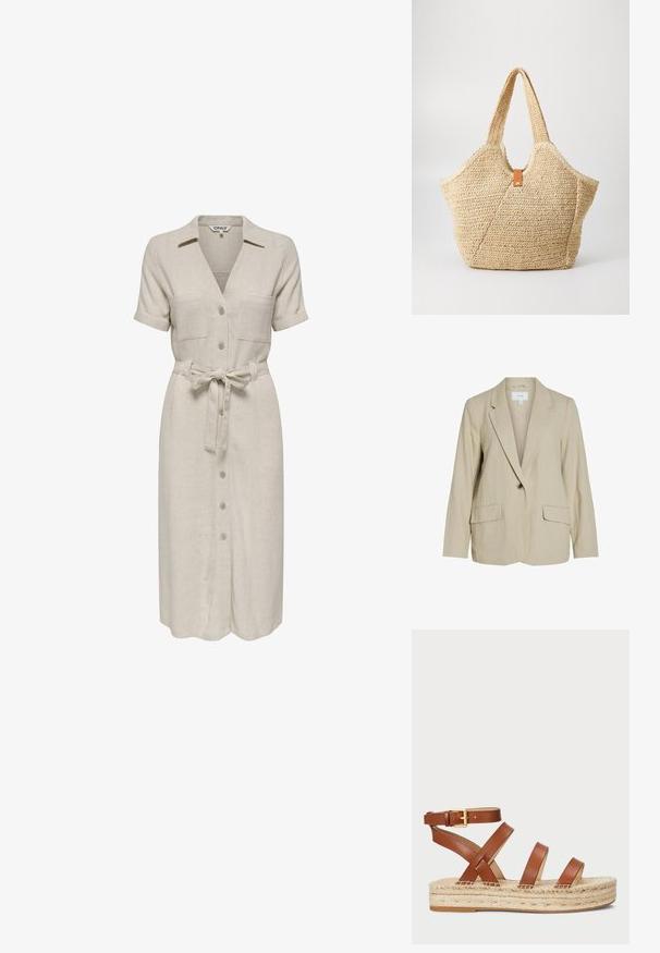 Lys beige blazer lavet af tekstureret stof. Har en enkelt knaplukning, spidse revers og to forlommer.; Beige linnedragt med krave, kortærmer, to brystlommer, bælte i taljen og knaplukning foran.; Brune lædersandal med tre stropper og en ankels spænde, der har en flettet jute sål for ekstra tekstur og højde.; Stor stråtask med en tekstureret, beige yderside og to brede håndtag. Har et læderbånd som lukning.