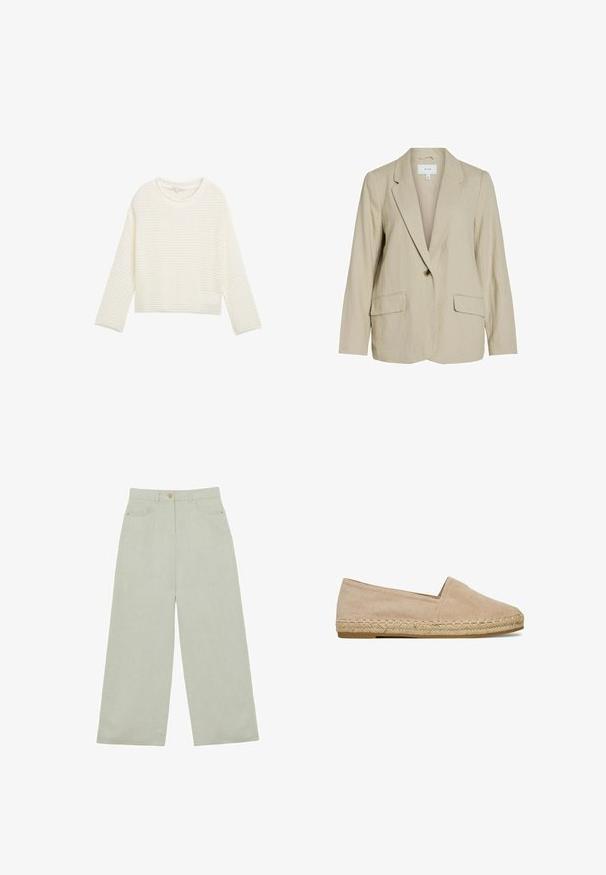 Lys beige blazer lavet af tekstureret stof. Har en enkelt knaplukning, spidse revers og to forlommer.; Hvid, cropped sweater med et tekstureret, strikket mønster, rund halsudskæring og lange ærmer. Blødt stof med en afslappet pasform.; Lysegrå bukser med vide ben, forlommer, bæltestropper og knaplukning i taljen, vist på hvid baggrund.; Beige ruskind espadrille flad med flettet jutesål og slip-on design, vist fra siden på en hvid baggrund.
