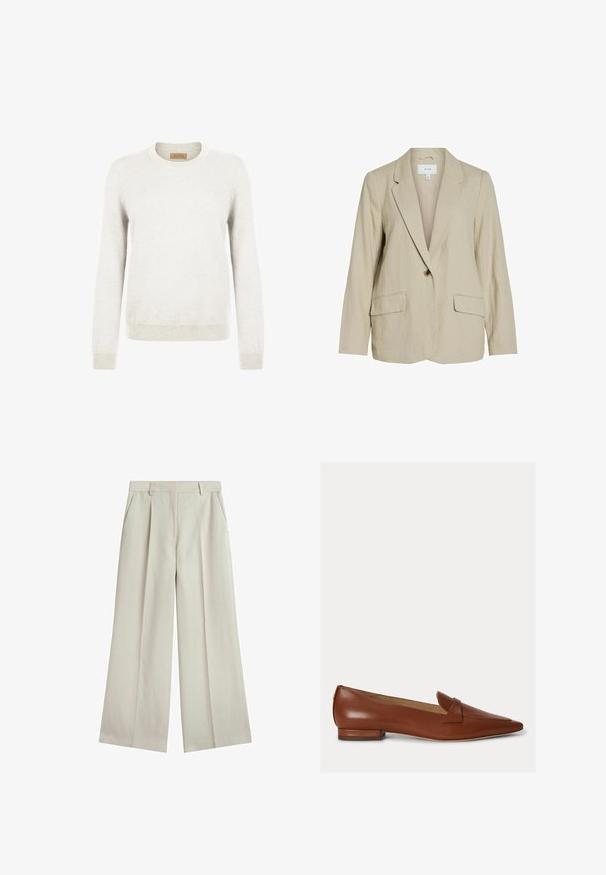 Lys beige blazer lavet af tekstureret stof. Har en enkelt knaplukning, spidse revers og to forlommer.; Lys grå sweater lavet af blødt strikstof, med rund hals og lange ærmer, samt ribbede manchetter og kant for ekstra tekstur.; Beige bukser med vide ben, foran med læg, sidelommer, bæltestropper og en ren talje, designet til en afslappet pasform.; Brun lædersko med spids tå, lav hæl og en stropdetalje over vristen, vist på en ensartet lys baggrund.