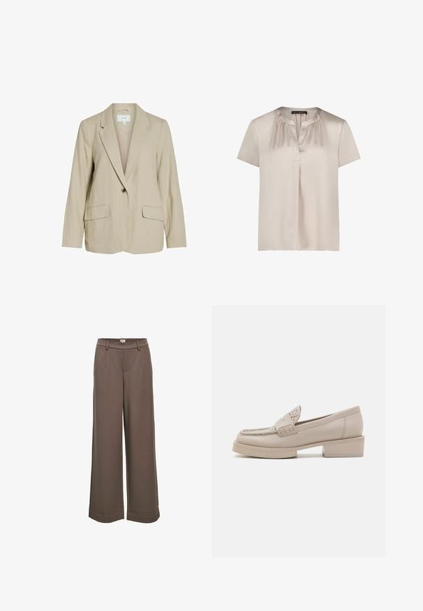 Blazer beige clair en tissu texturé. Dispose d'une fermeture à un seul bouton, de revers crantés et de deux poches avant.; Blouse beige en satin à manches courtes avec col froncé, fente en V à l'avant et coupe ample, étiquette "Betty Barclay" sur le col.; Pantalons larges en tissu doux marron. Dotés d'une taille haute, de deux poches avant et d'une texture lisse avec un design décontracté.; Mocassins en cuir beige avec un talon bloc, présentant des coutures décoratives et des clous sur le devant, offrant une texture lisse et un design classique.