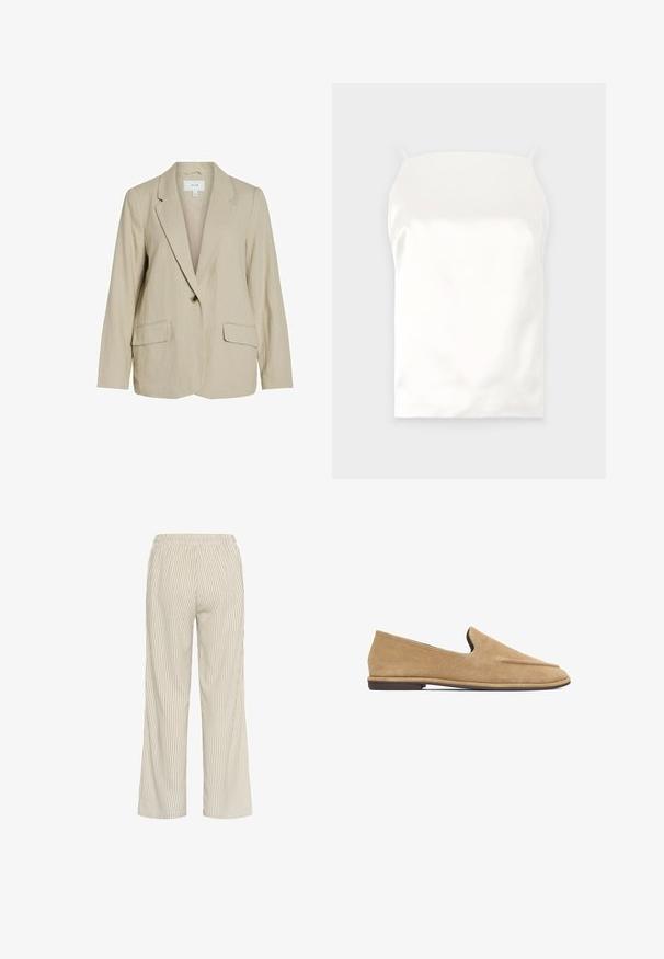 Lys beige blazer lavet af tekstureret stof. Har en enkelt knaplukning, spidse revers og to forlommer.; Hvid satin cami med tynde stropper, glat tekstur, rektangulær form og ingen synlige mønstre eller accenter.; Lys beige stribede bukser med løs pasform, der har en elastisk talje og lodrette linjer, som skaber et tekstureret udseende.; Beige ruskind slip-on loafers med lav hæl og rundet tå, sidevisning på hvid baggrund.