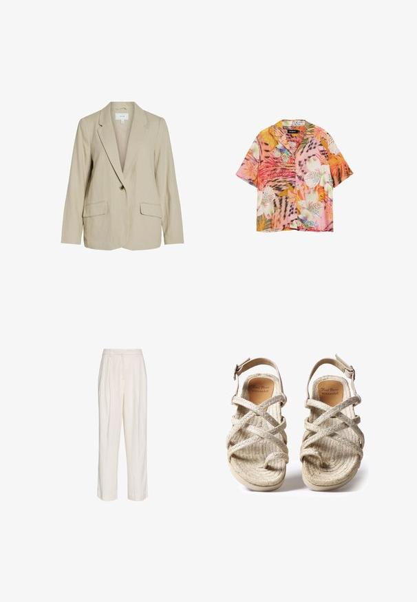 Lichtbeige blazer van gestructureerde stof. Heeft een enkel knoopsluiting, notch-lapels en twee voorzakken.; Korte mouwen overhemd met levendige tropische bloemen- en bladerenpatronen in roze, oranje, wit en groene tinten.; Witte, op maat gemaakte broeken met hoge taille, plooien, ceintuurlussen en rechte pijpen, afgebeeld op een effen witte achtergrond.; Beige geweven sandalen met kruisbandontwerp, gemaakt van gestructureerde natuurlijke vezels, met een platte zool en een verstelbare enkelriem.