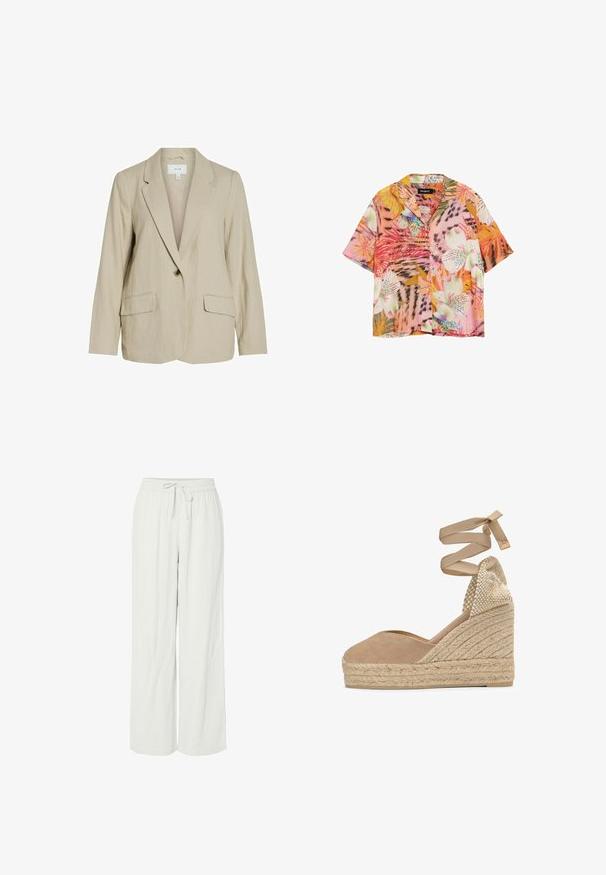 Blazer de color beige claro hecho de una tela texturizada. Cuenta con un cierre de un solo botón, solapas con muesca y dos bolsillos frontales.; Camisa de manga corta con botones y patrones vibrantes de flores y hojas tropicales en tonos rosa, naranja, blanco y verde.; Pantalones de pierna ancha en gris claro, confeccionados en una suave tela texturizada. Cuentan con una cinturilla elástica con cordón ajustable para un ajuste personalizable.; Espardeña de cuña de lona beige con plataforma de yute trenzado y cintas para atar al tobillo, con contrafuerte tejido.