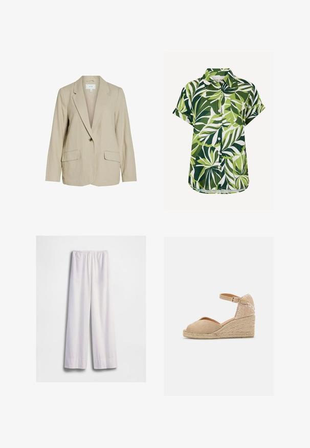 Blazer beige clair en tissu texturé. Dispose d'une fermeture à un seul bouton, de revers crantés et de deux poches avant.; Chemise à manches courtes boutonnée avec motif de feuilles tropicales vertes et blanches et une poche poitrine, présentée sur fond blanc.; Pantalon blanc ample avec taille élastique et jambes larges et droites, présenté sur un fond blanc uni.; Castañer BIANCA - Espadrilles - sand