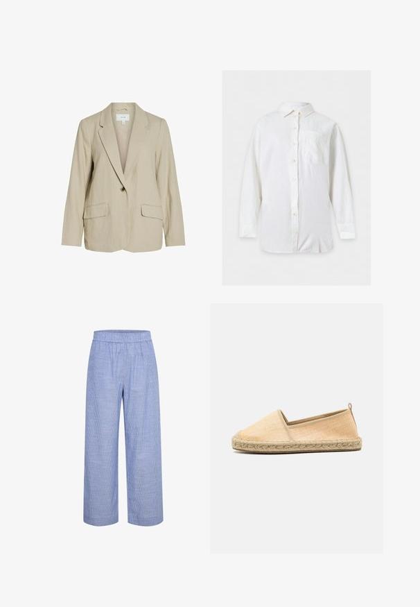 Lys beige blazer lavet af tekstureret stof. Har en enkelt knaplukning, spidse revers og to forlommer.; Hvid langærmet skjorte med knapper, krave og venstre brystlomme, vist fladt på en lys baggrund.; Lyseblå, stribede bukser med bred ben og elastisk talje. Lavet af et åndbart stof, der har en glat, blød overflade og en afslappet pasform.; Espadrille slip-on sko med en tekstureret lys orange overdel, beige trim og flettet jutesål, med en bagløkke for nem påtagning.