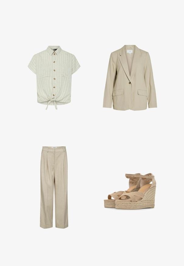 Blazer beige clair en tissu texturé. Dispose d'une fermeture à un seul bouton, de revers crantés et de deux poches avant.; Blouse à manches courtes, de couleur beige clair, avec des rayures verticales, un col, une fermeture à boutons sur le devant, deux poches poitrine et un détail de bas noué. Le matériau semble texturé.; Pantalon large beige taille haute avec passants de ceinture et plis avant, conçu pour une coupe décontractée mais soignée.; Sandales compensées beiges avec talons plateforme tissés, brides croisées sur les orteils et brides de cheville ajustables avec boucles.