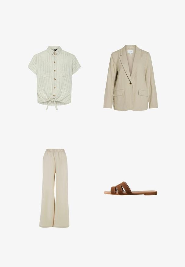 Lys beige blazer lavet af tekstureret stof. Har en enkelt knaplukning, spidse revers og to forlommer.; Kortærmet bluse i lys beige med lodrette striber, krave, knaplukning foran, to brystlommer og en bunddetalje med bånd. Materialet ser struktureret ud.; Lys beige bukser med vidde og elastisk talje. Glat, blød stof med løs pasform, uden synlige mønstre eller detaljer.; Brun ruskindssandal med tre overlappende remme, en flad sål og kontrasterende hvide syninger på remmene som detalje.