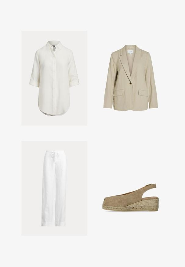 Lichtbeige blazer van gestructureerde stof. Heeft een enkel knoopsluiting, notch-lapels en twee voorzakken.; Wit linnen overhemd met een button-down ontwerp, lange mouwen opgerold, afgeronde zoom en een klassieke kraag. Subtiele textuur, zachte stof.; Witte linnen broek met een taillekoord, wijde pijpen en twee zijzakken. Gladde textuur met een lichte, luchtige uitstraling.; Castañer DOSALIA - Espadrilles - sand