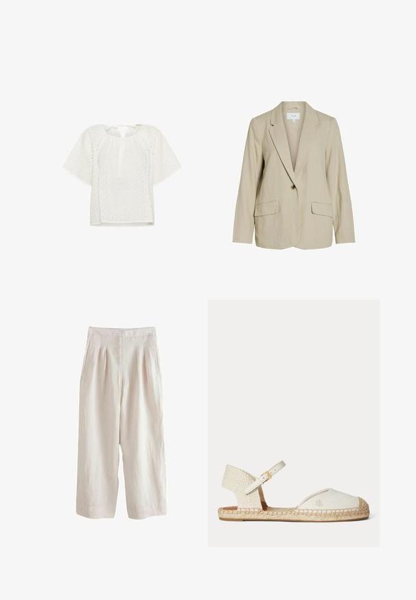 Lys beige blazer lavet af tekstureret stof. Har en enkelt knaplukning, spidse revers og to forlommer.; Hvid bluse med korte ærmer, et tekstureret rutemønster og en nøglehulslukning med bindebånd bagpå. Fremstillet af letvægtsstof.; Lys beige linnedbukser med vid ben design, der har forkørsler og sidelommer, som giver en tekstureret finish.; Hvid espadrillesandal med flettet hæl, ankrem med gyldent spænde og "RL"-logo på lærreds-tåhætten, flad jutesål.